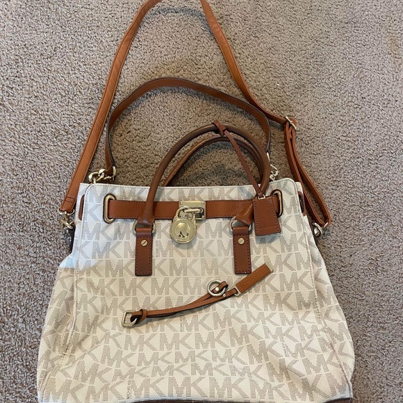 Michael Kors Handbags - Michael Kors Cream/Brown East West Hamilton XL Tote Purse Monogram Lock